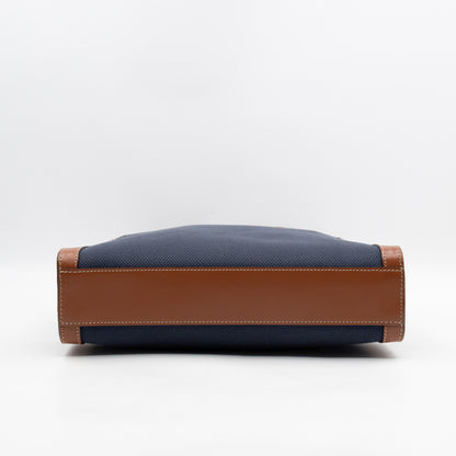 Small Vertical Cabas Navy Blue Canvas & Brown Leather