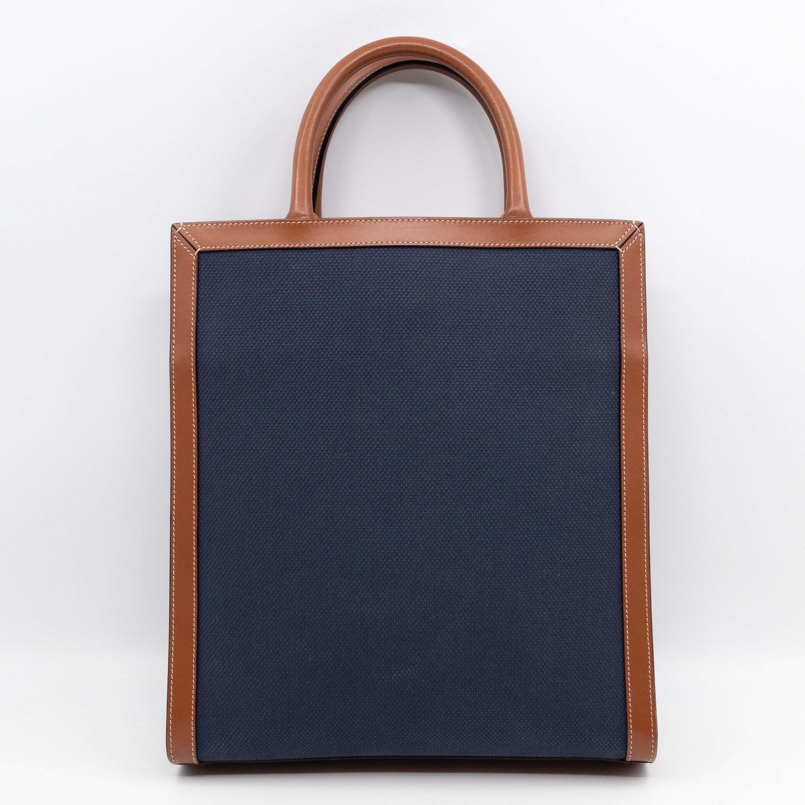 Small Vertical Cabas Navy Blue Canvas & Brown Leather
