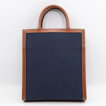 Small Vertical Cabas Navy Blue Canvas & Brown Leather