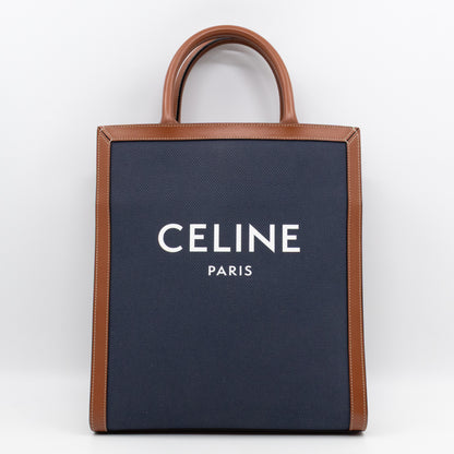 Small Vertical Cabas Navy Blue Canvas & Brown Leather