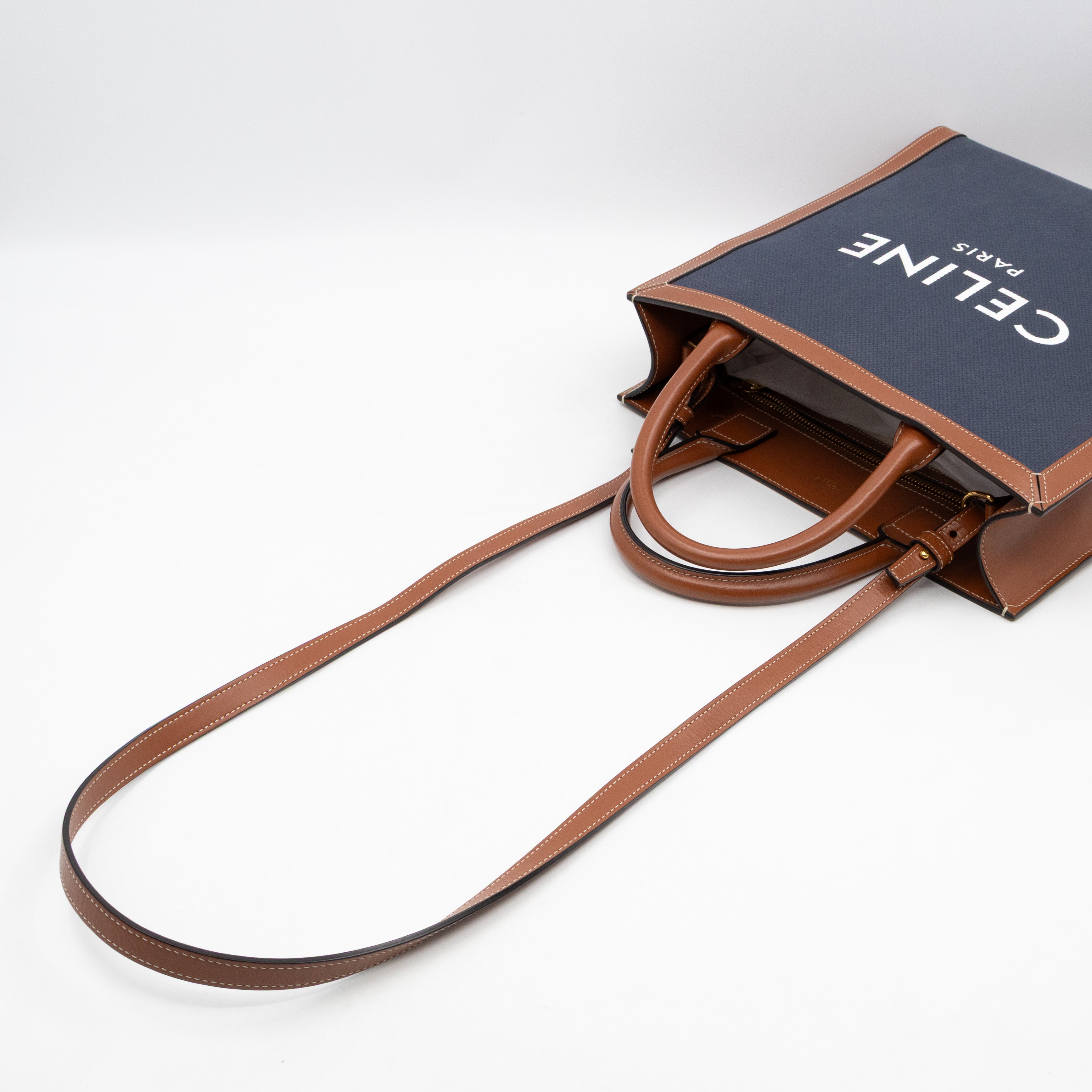 Small Vertical Cabas Navy Blue Canvas & Brown Leather