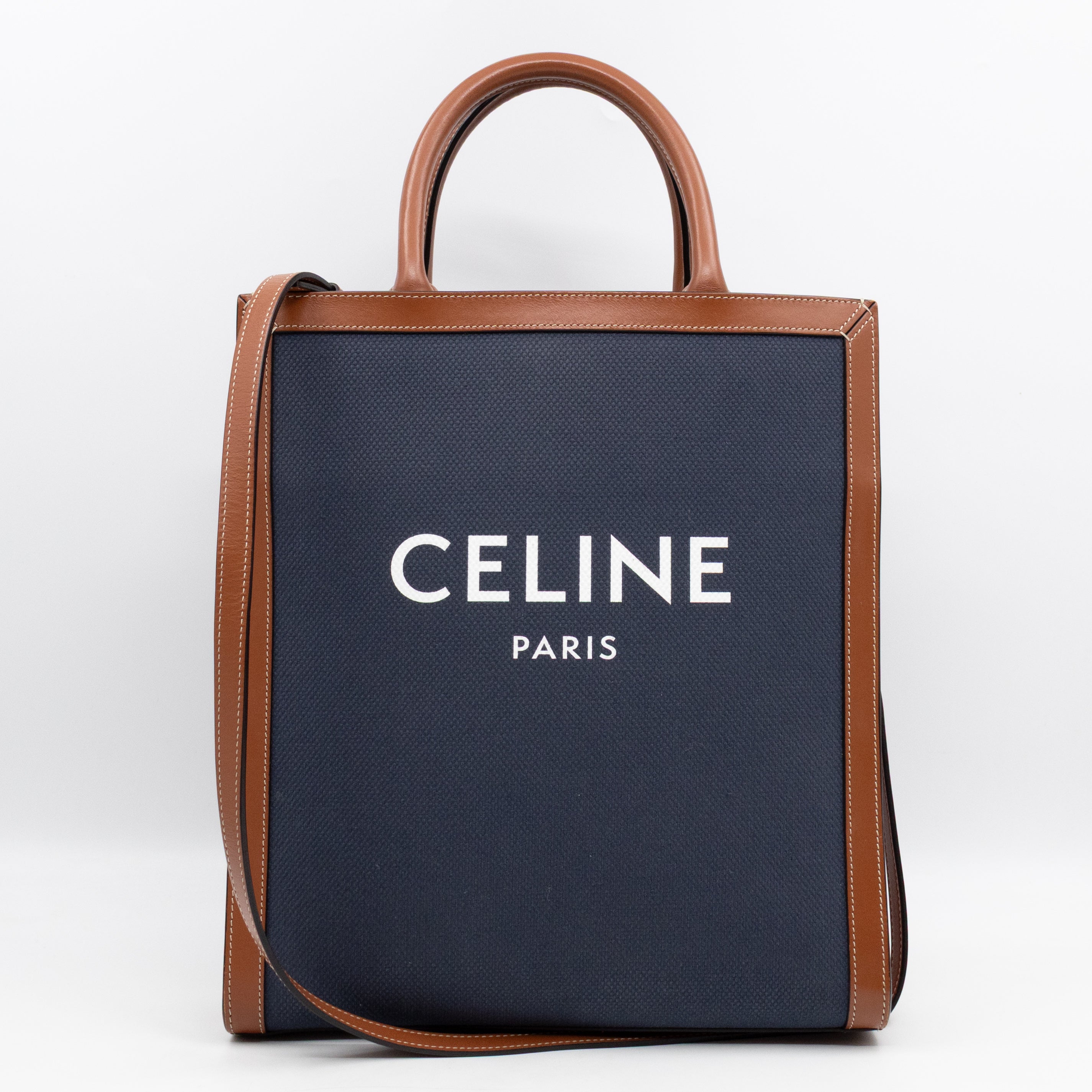 Small Vertical Cabas Navy Blue Canvas & Brown Leather