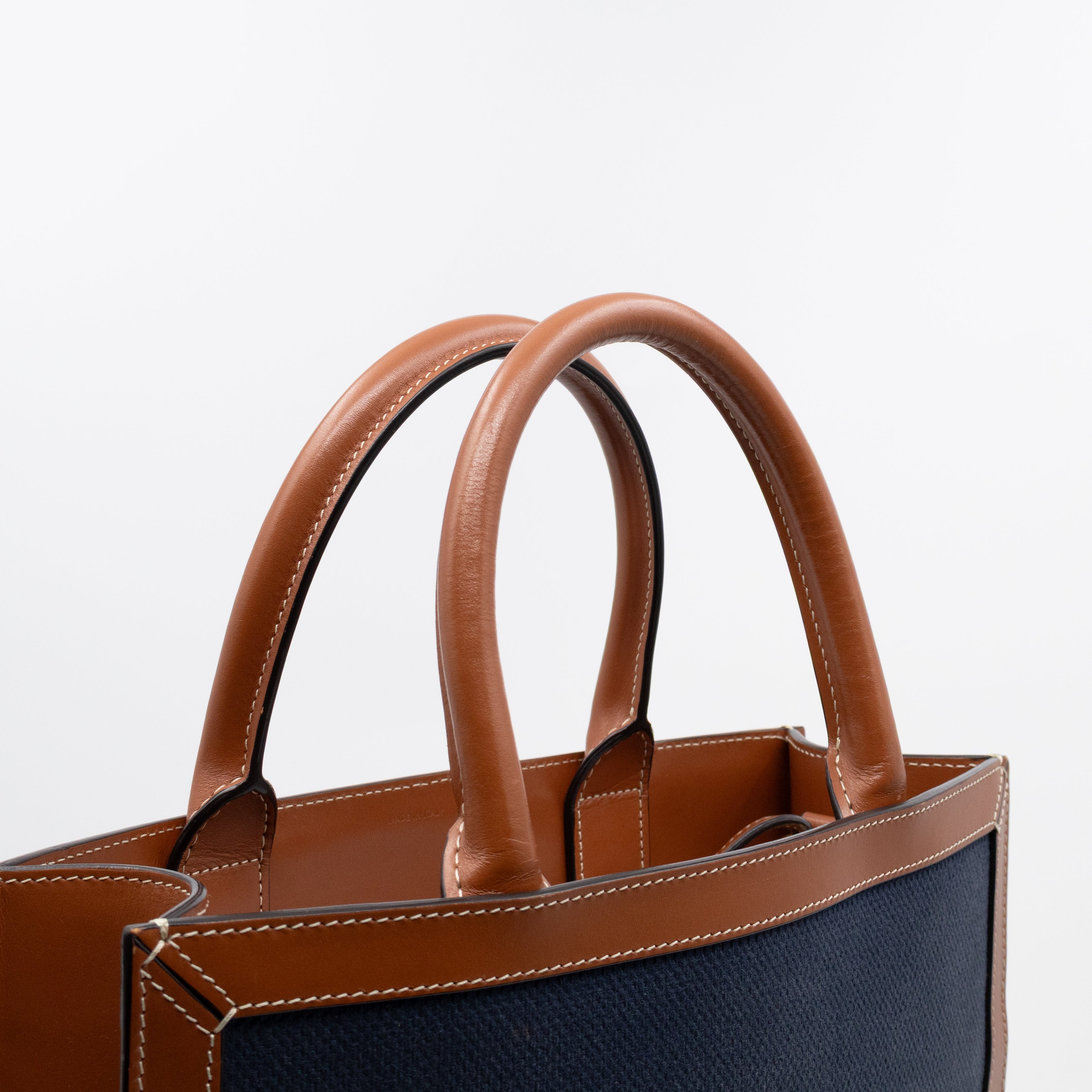 Small Vertical Cabas Navy Blue Canvas & Brown Leather
