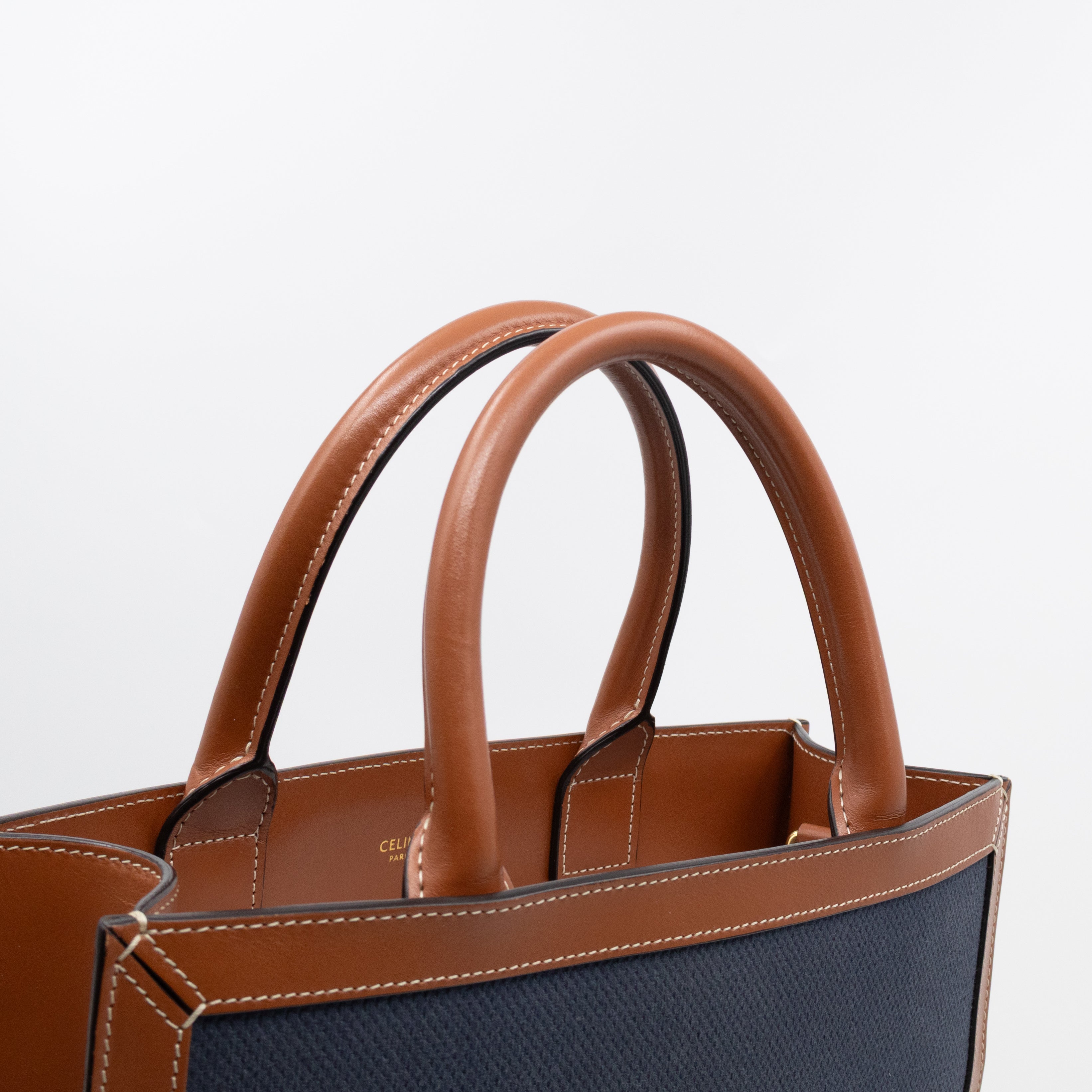 Small Vertical Cabas Navy Blue Canvas & Brown Leather