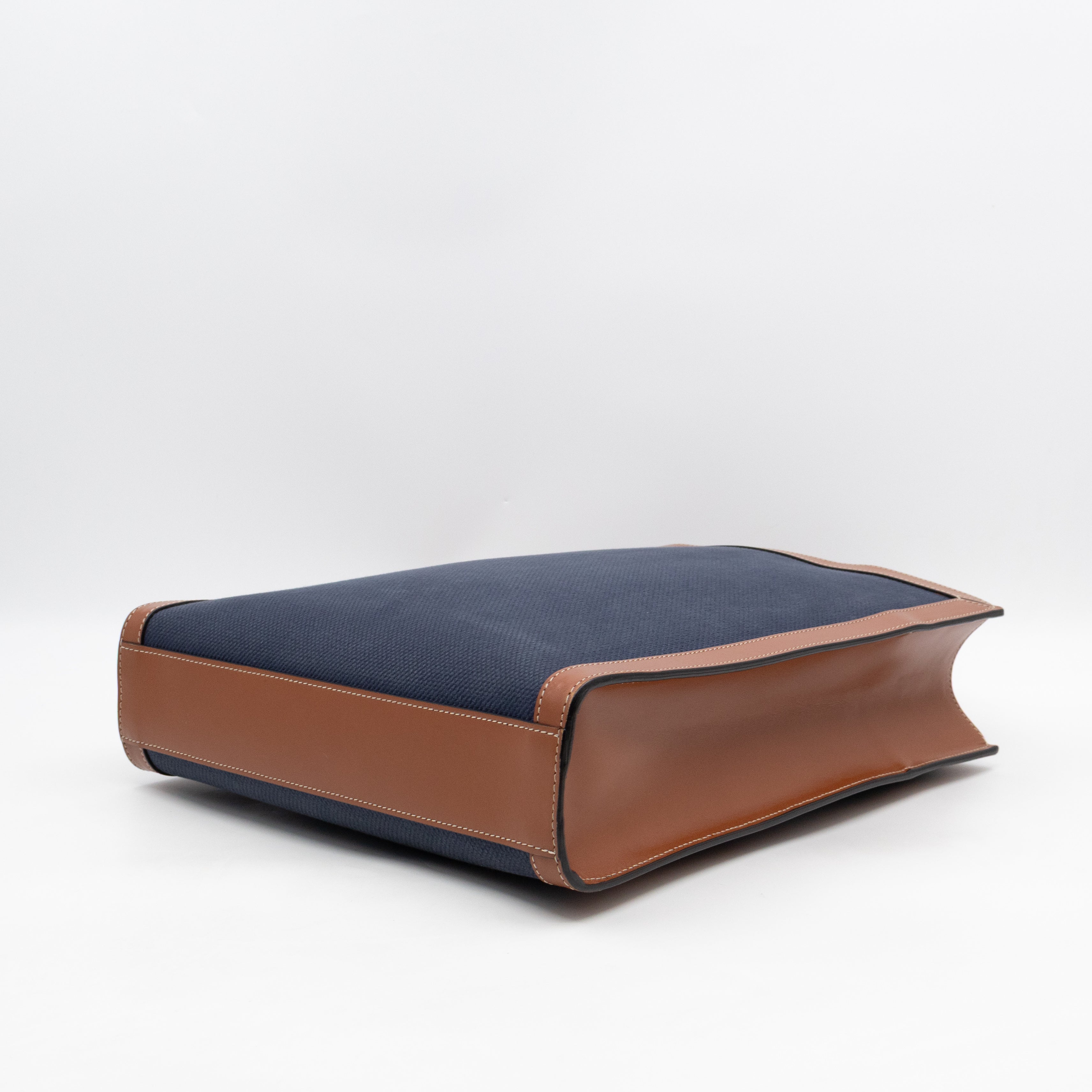 Small Vertical Cabas Navy Blue Canvas & Brown Leather