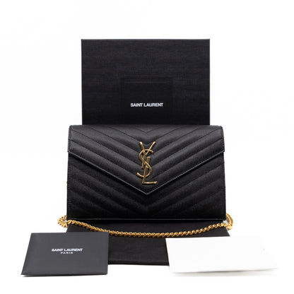 Cassandre Envelope Chain Wallet Black Grained Leather Gold