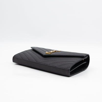 Cassandre Envelope Chain Wallet Black Grained Leather Gold