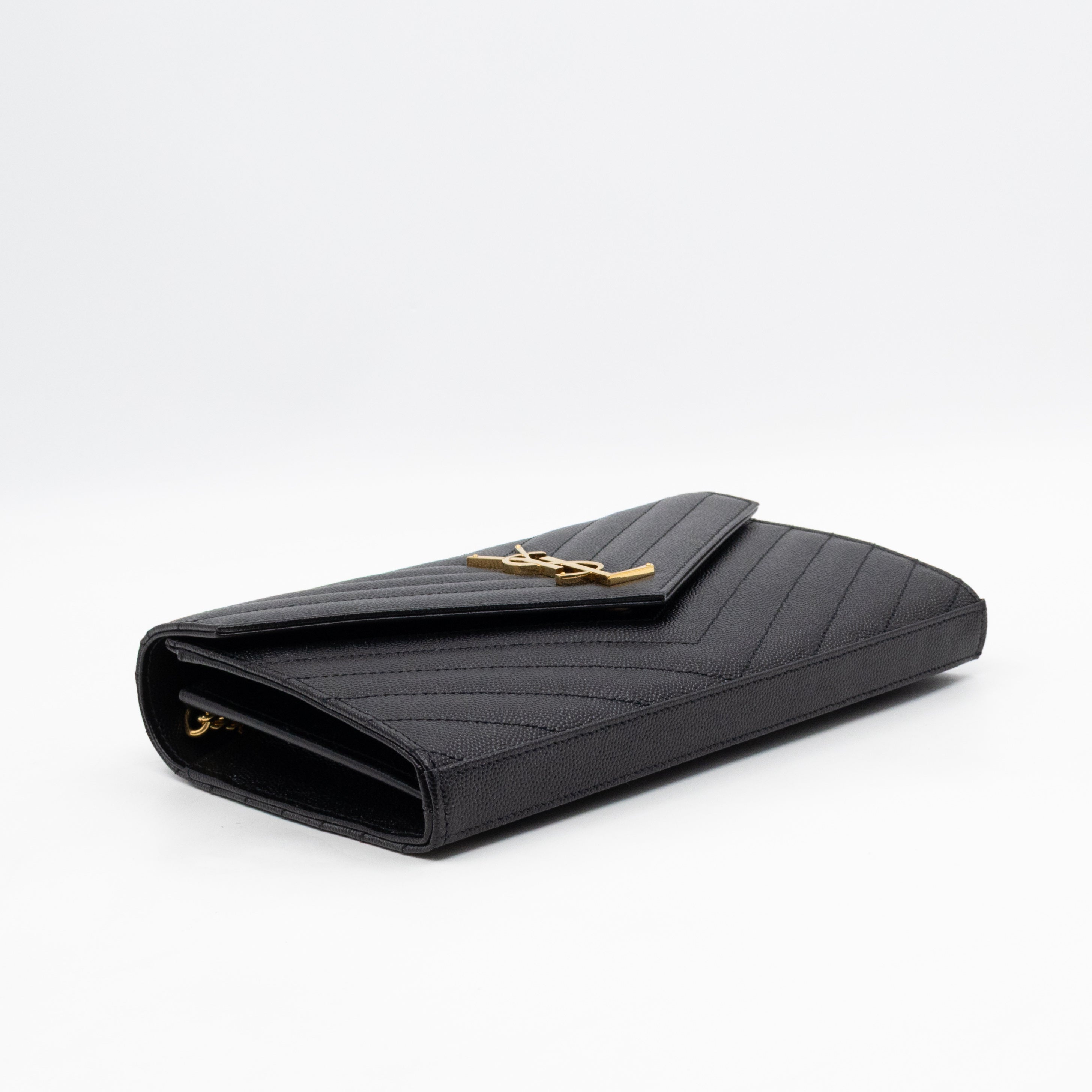 Cassandre Envelope Chain Wallet Black Grained Leather Gold