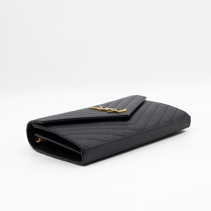 Cassandre Envelope Chain Wallet Black Grained Leather Gold