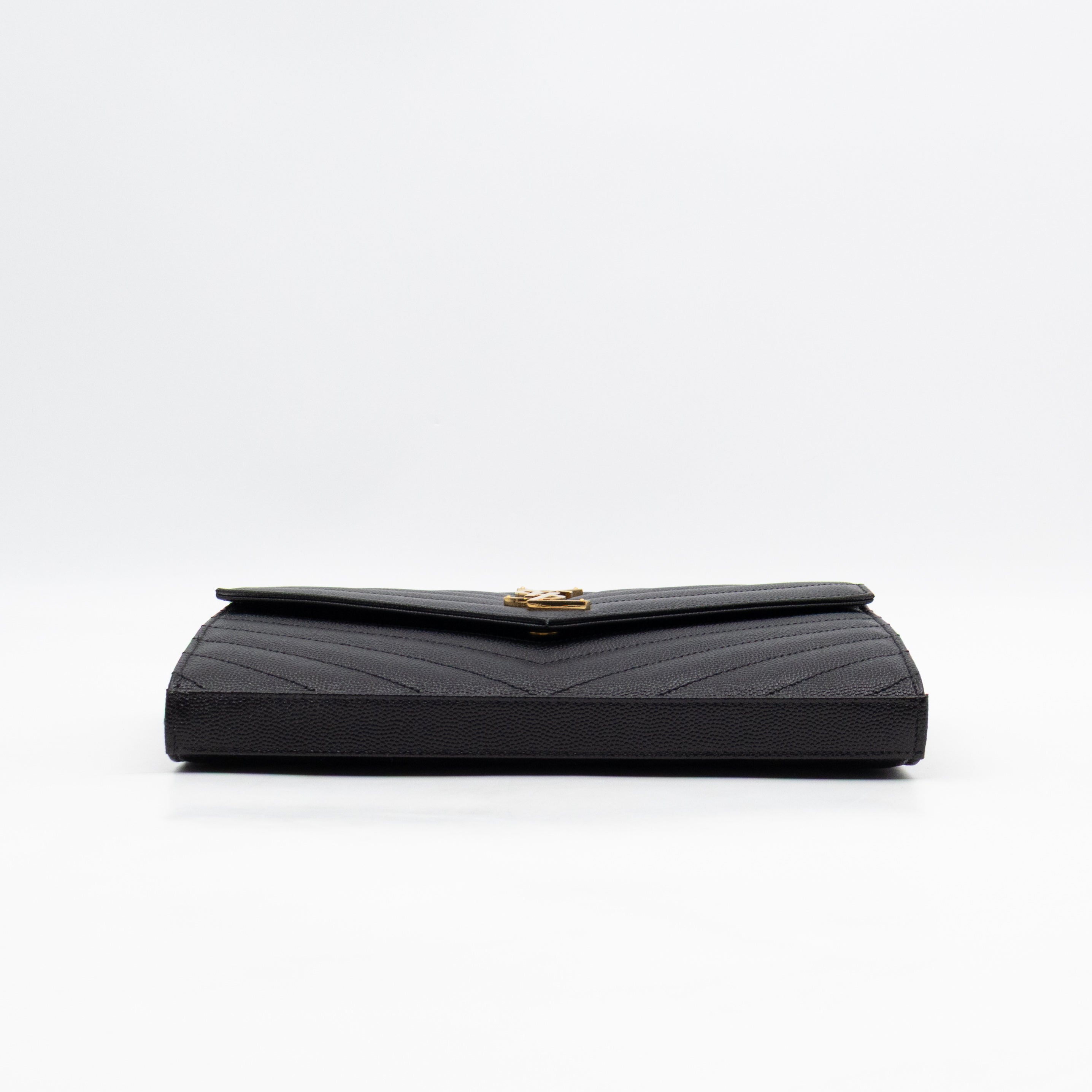 Cassandre Envelope Chain Wallet Black Grained Leather Gold