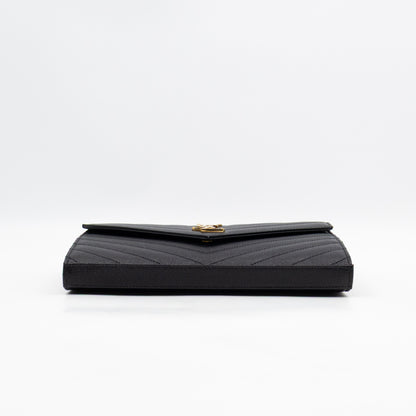 Cassandre Envelope Chain Wallet Black Grained Leather Gold