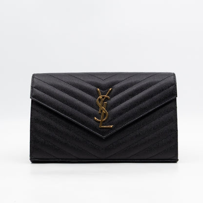 Cassandre Envelope Chain Wallet Black Grained Leather Gold