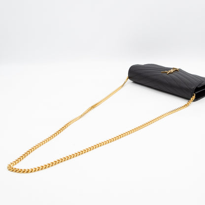 Cassandre Envelope Chain Wallet Black Grained Leather Gold