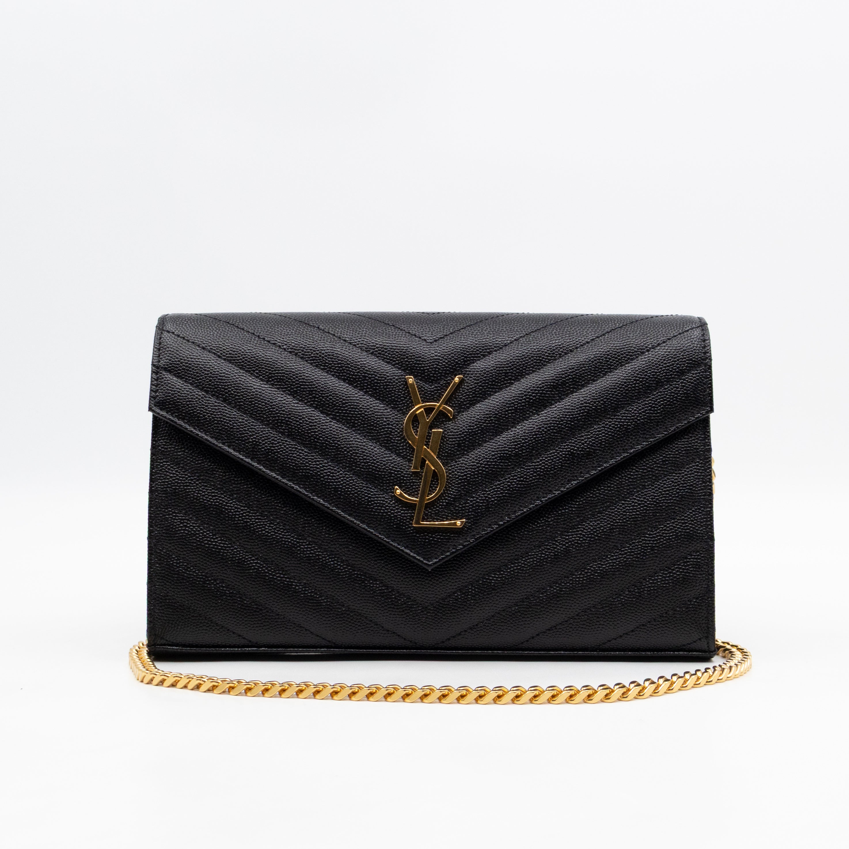 Cassandre Envelope Chain Wallet Black Grained Leather Gold