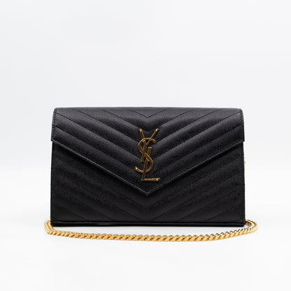 Cassandre Envelope Chain Wallet Black Grained Leather Gold