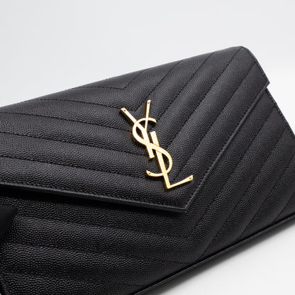 Cassandre Envelope Chain Wallet Black Grained Leather Gold