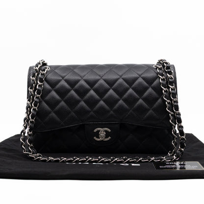 Classic Double Flap Jumbo Black Caviarskin Leather Silver