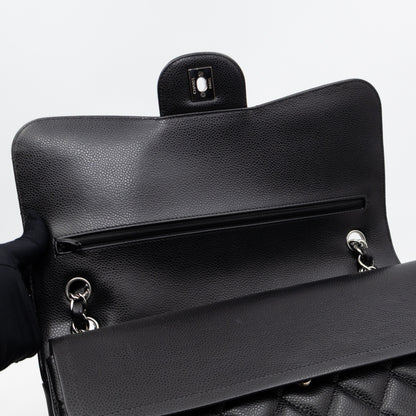 Classic Double Flap Jumbo Black Caviarskin Leather Silver