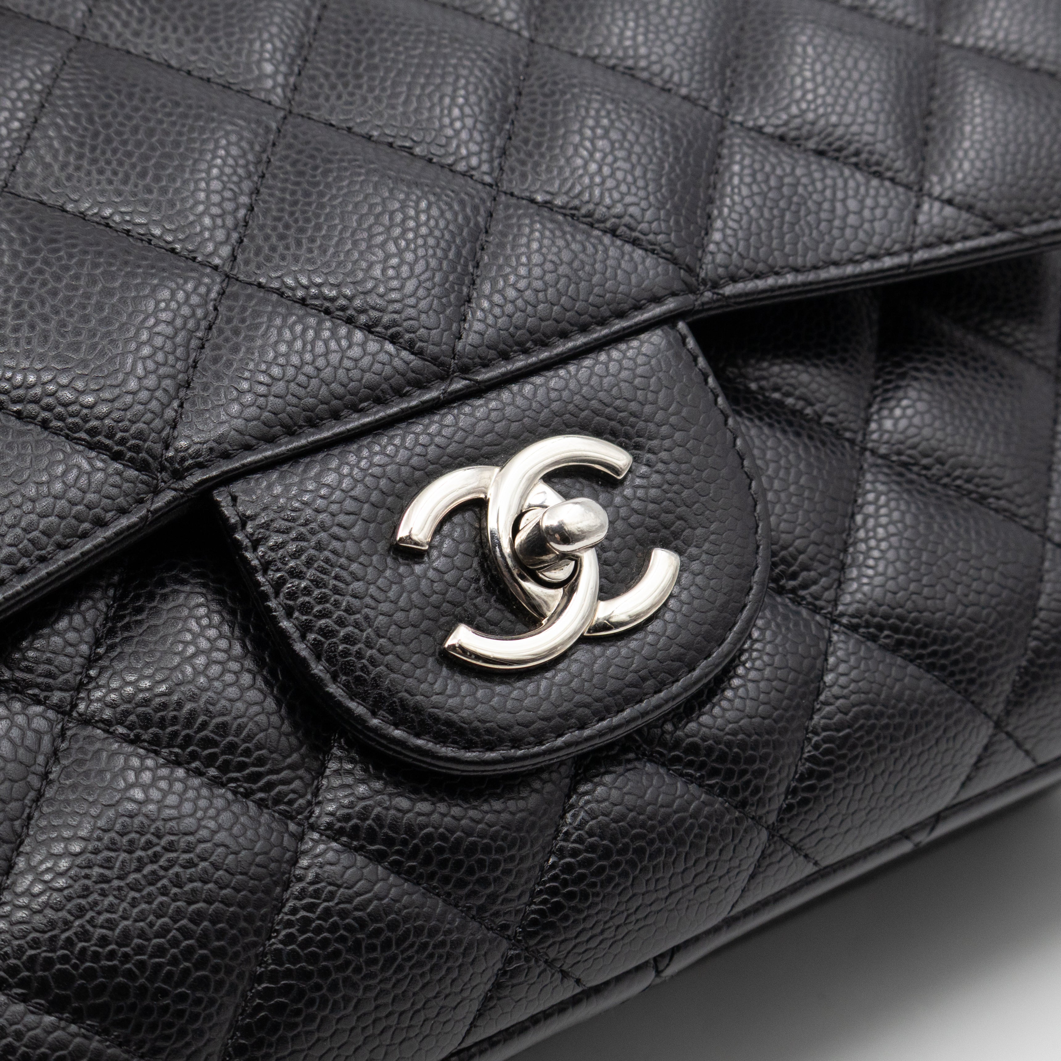 Classic Double Flap Jumbo Black Caviarskin Leather Silver