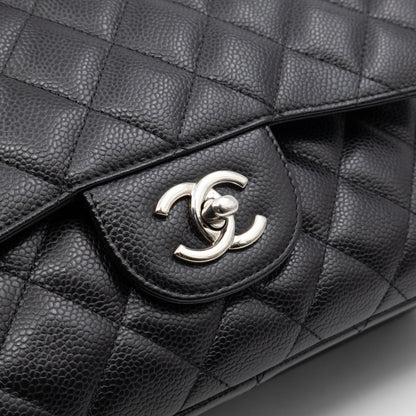 Classic Double Flap Jumbo Black Caviarskin Leather Silver