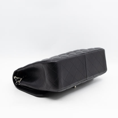 Classic Double Flap Jumbo Black Caviarskin Leather Silver