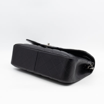 Classic Double Flap Jumbo Black Caviarskin Leather Silver