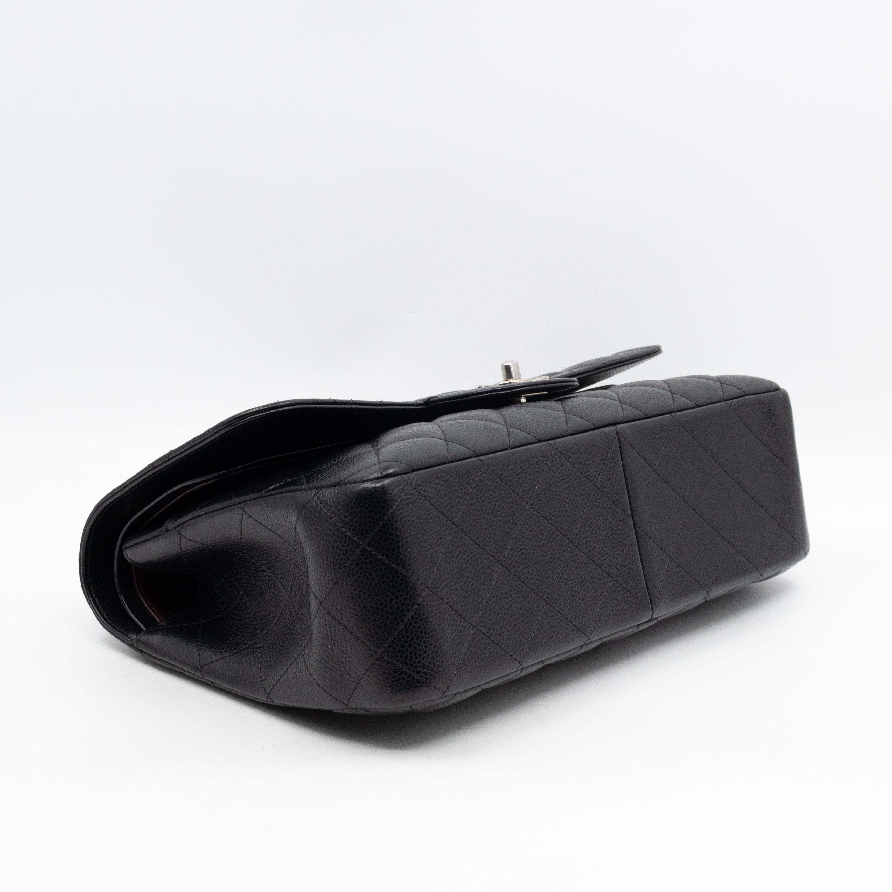 Classic Double Flap Jumbo Black Caviarskin Leather Silver
