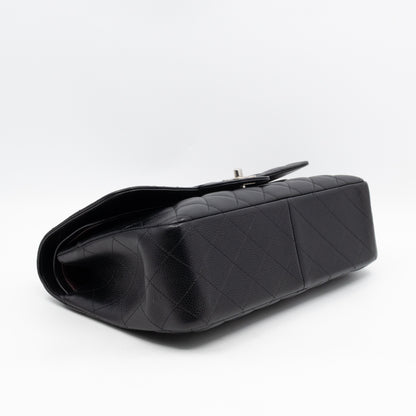 Classic Double Flap Jumbo Black Caviarskin Leather Silver