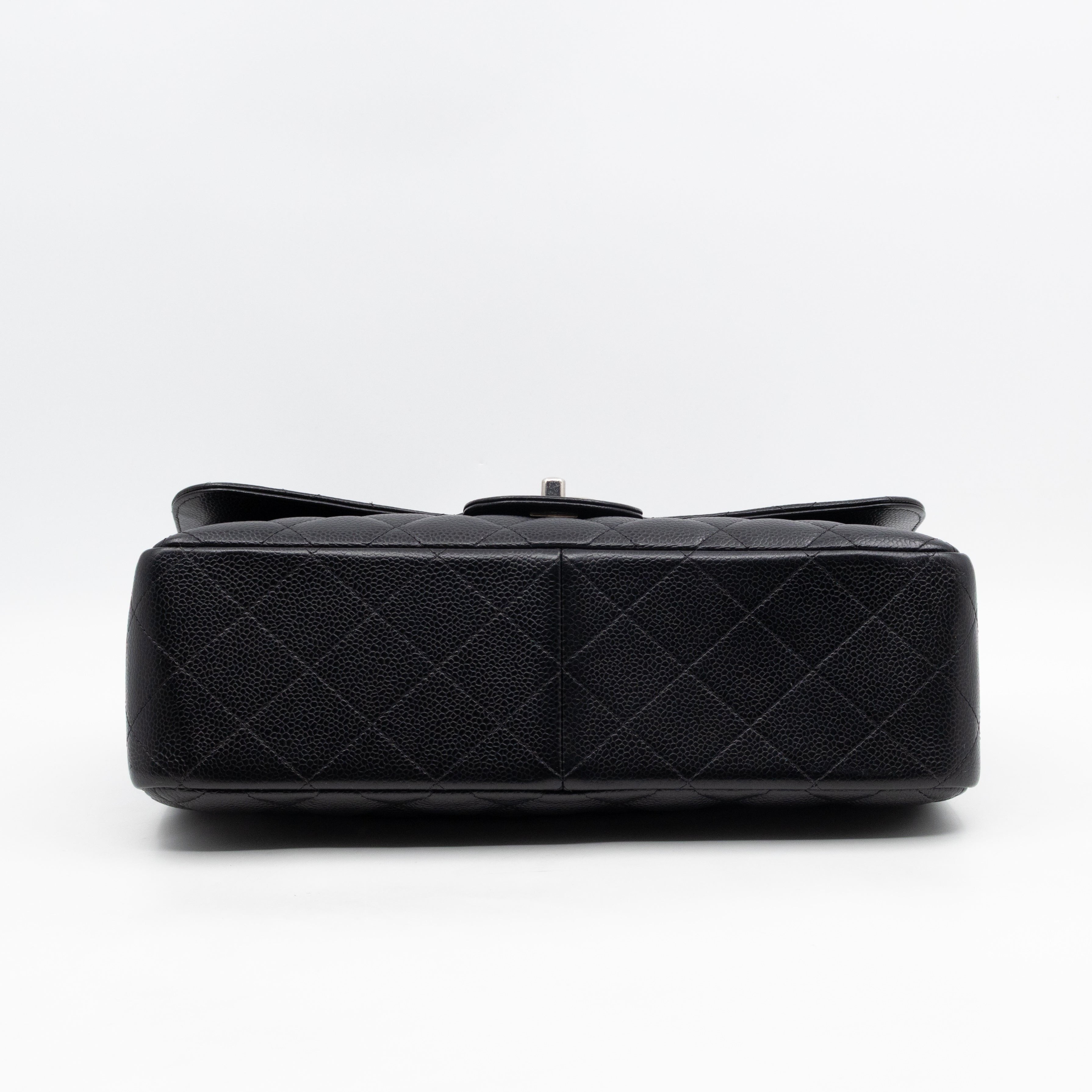 Classic Double Flap Jumbo Black Caviarskin Leather Silver