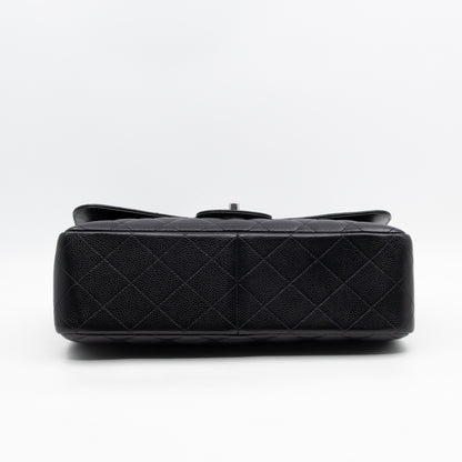 Classic Double Flap Jumbo Black Caviarskin Leather Silver