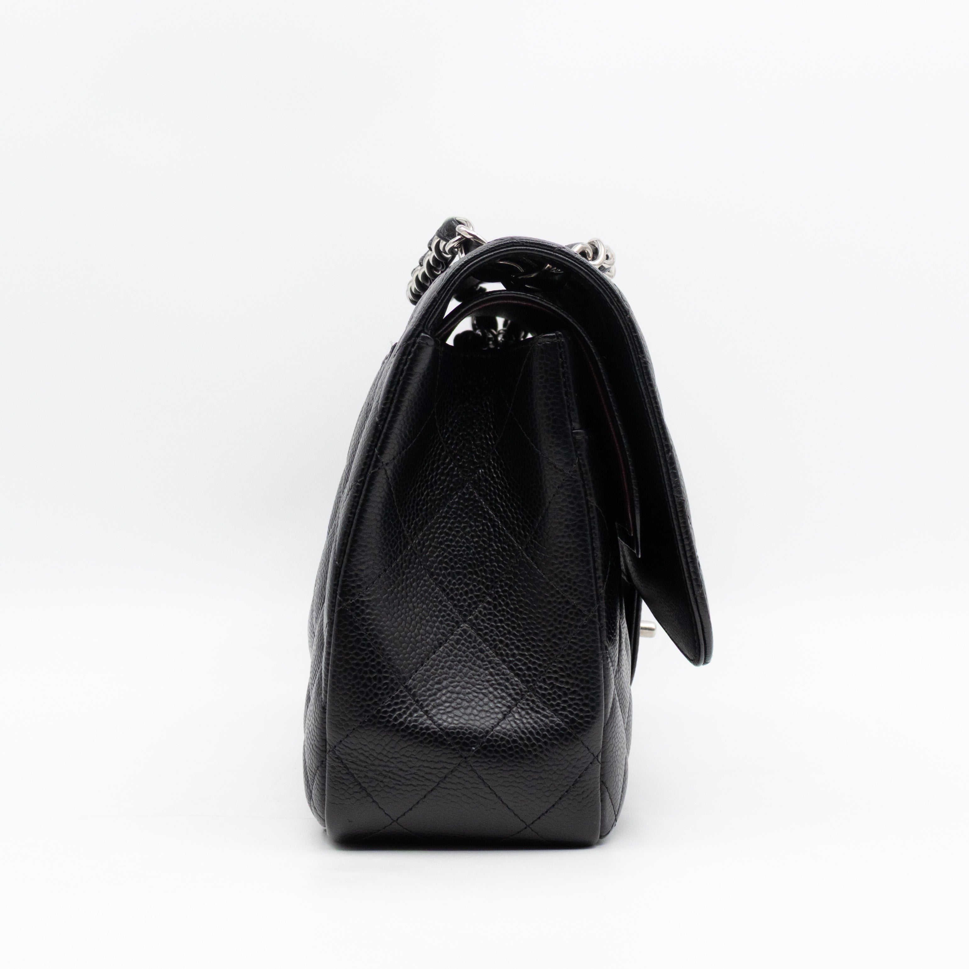 Classic Double Flap Jumbo Black Caviarskin Leather Silver