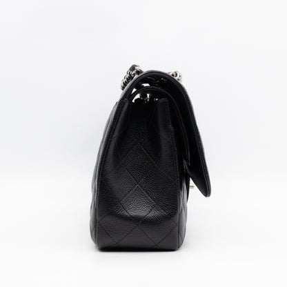 Classic Double Flap Jumbo Black Caviarskin Leather Silver