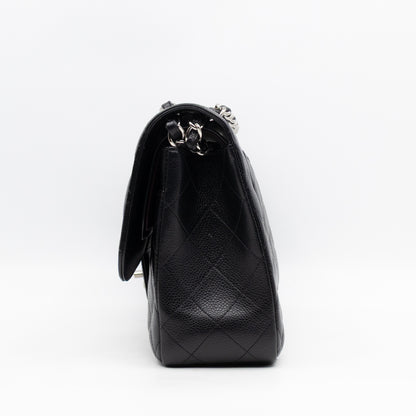 Classic Double Flap Jumbo Black Caviarskin Leather Silver