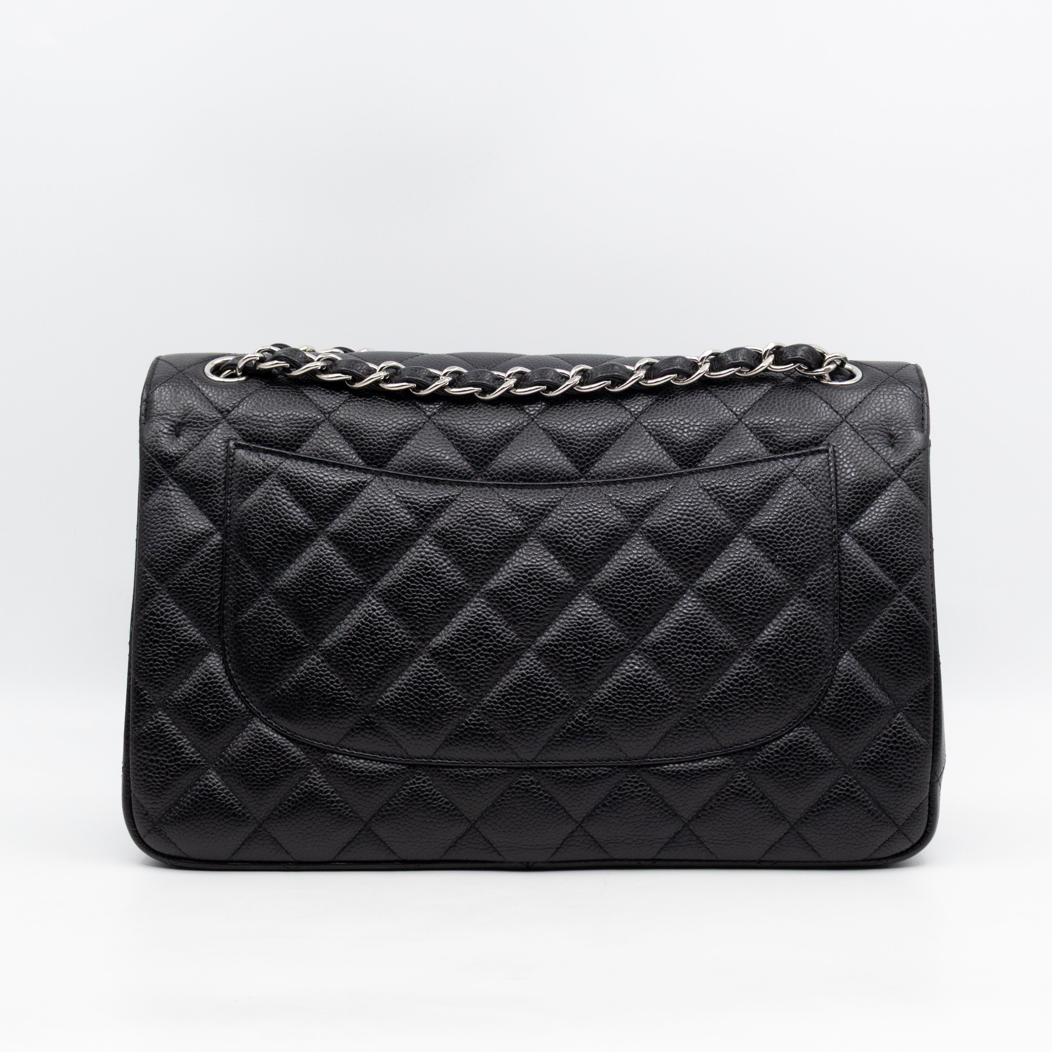 Classic Double Flap Jumbo Black Caviarskin Leather Silver