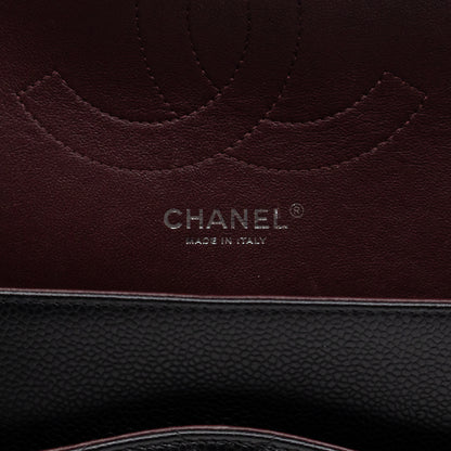 Classic Double Flap Jumbo Black Caviarskin Leather Silver