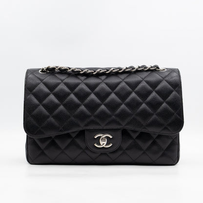 Classic Double Flap Jumbo Black Caviarskin Leather Silver