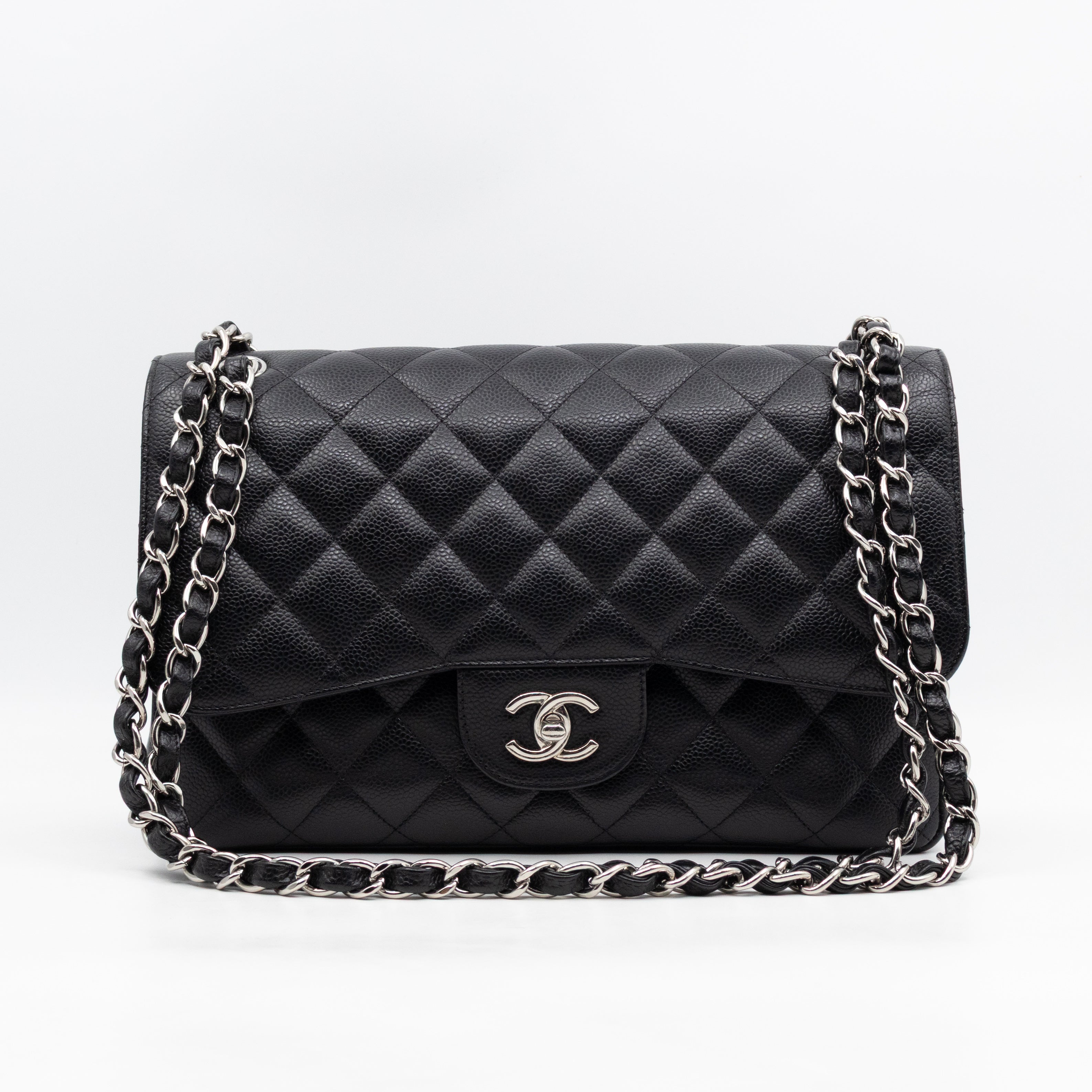 Classic Double Flap Jumbo Black Caviarskin Leather Silver