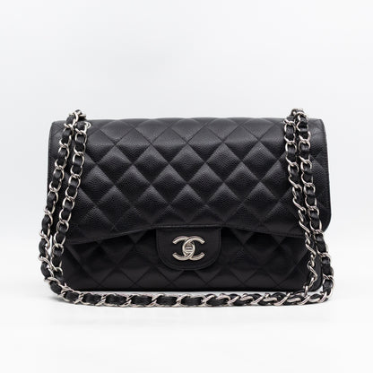 Classic Double Flap Jumbo Black Caviarskin Leather Silver