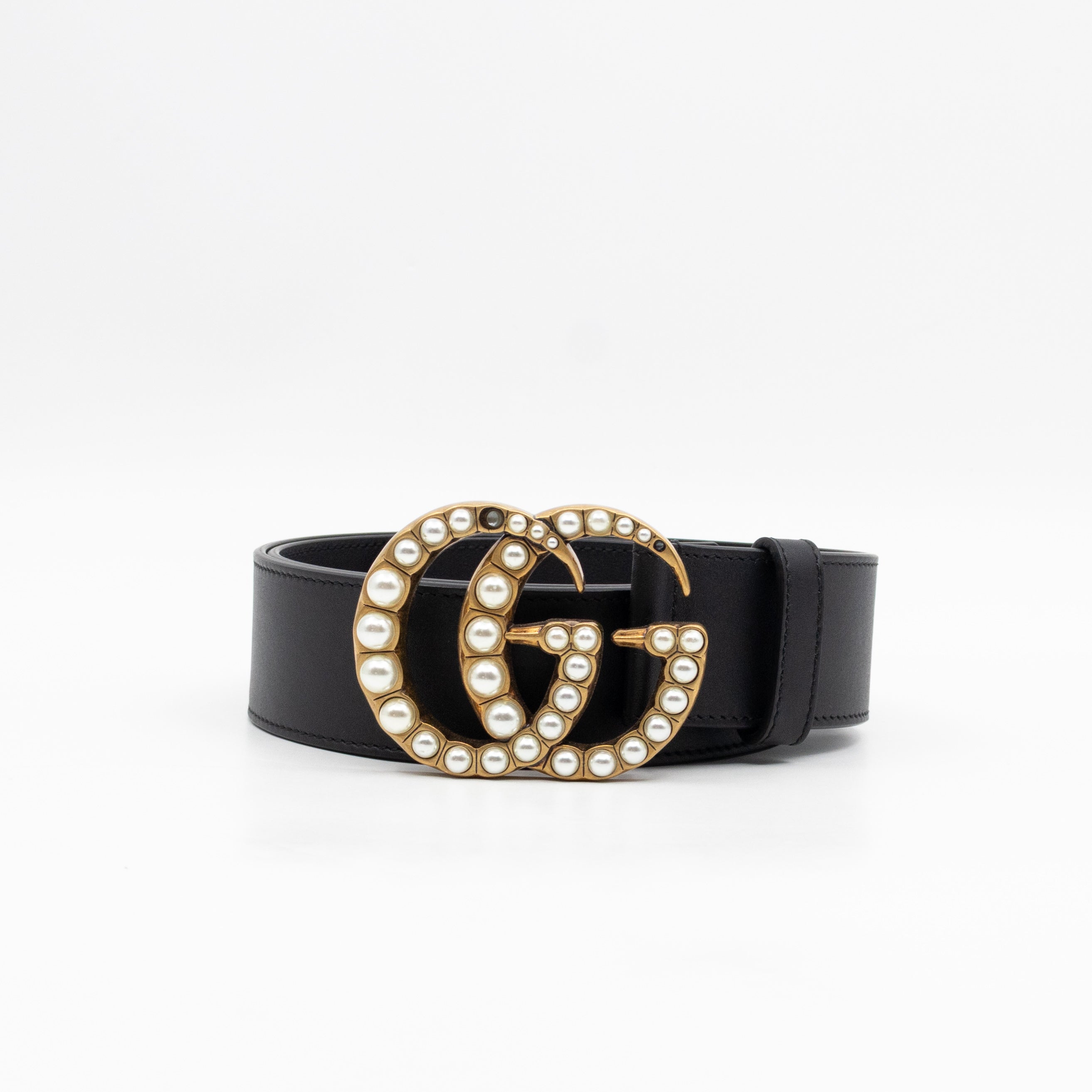 GG Marmont Pearls Belt Black Leather 90/36