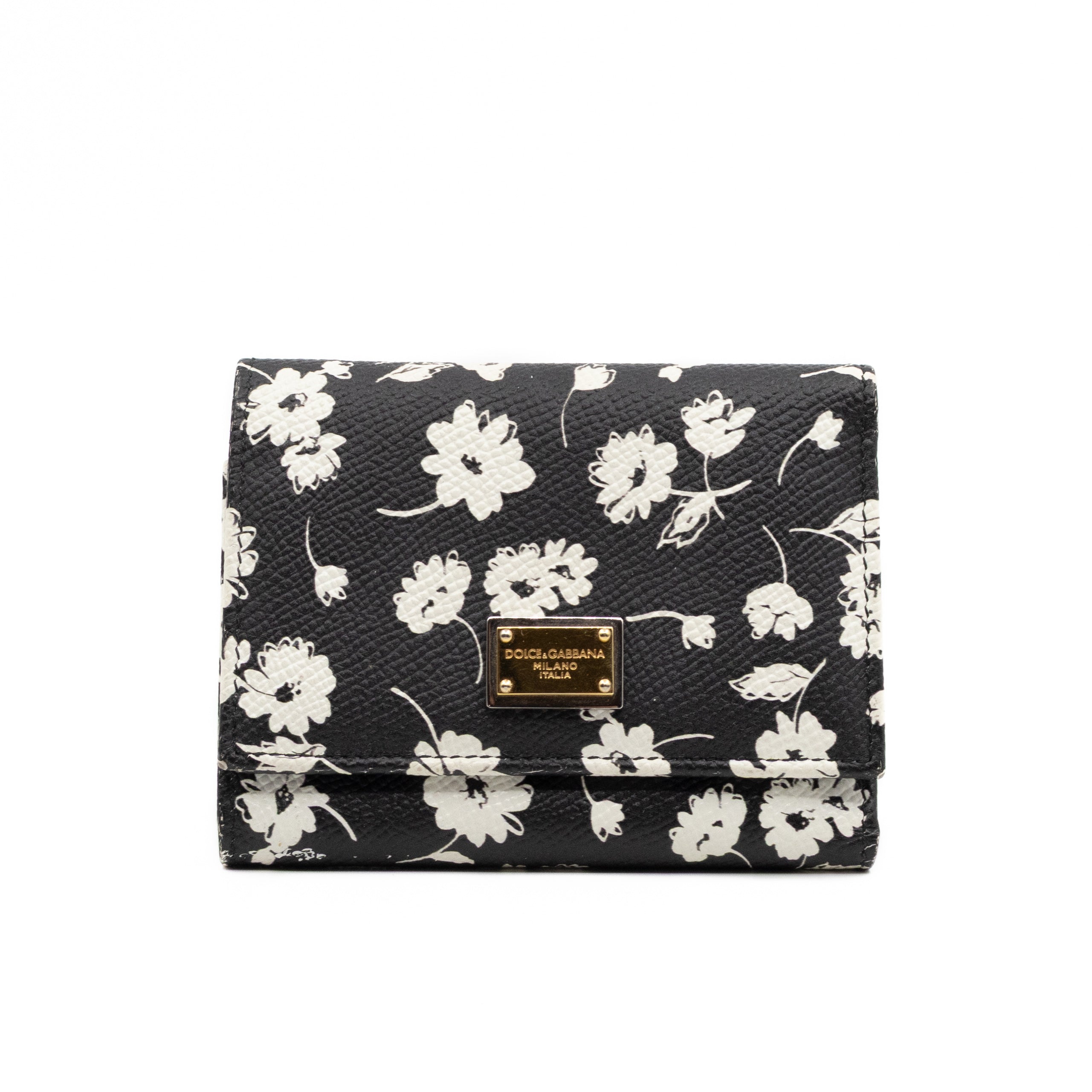 French-Flap Wallet White Flowers Print Black Dauphine