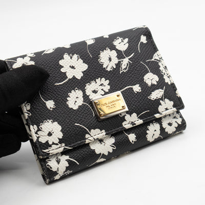 French-Flap Wallet White Flowers Print Black Dauphine