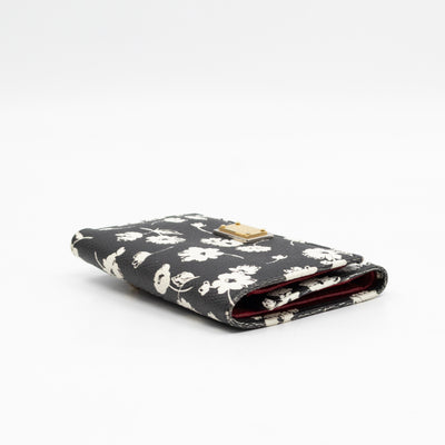 French-Flap Wallet White Flowers Print Black Dauphine