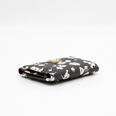 French-Flap Wallet White Flowers Print Black Dauphine