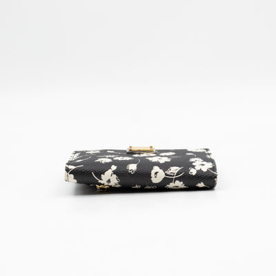 French-Flap Wallet White Flowers Print Black Dauphine