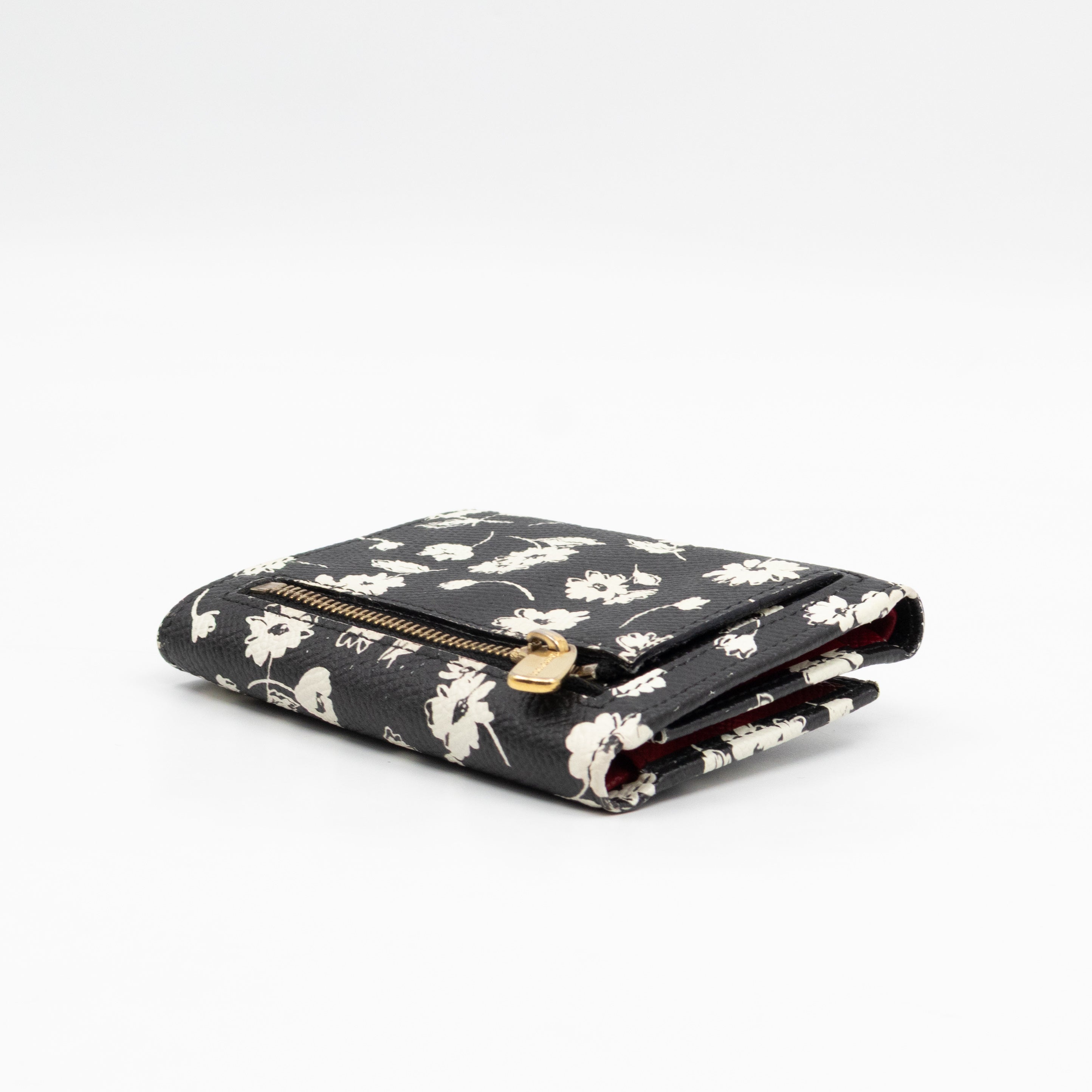 French-Flap Wallet White Flowers Print Black Dauphine
