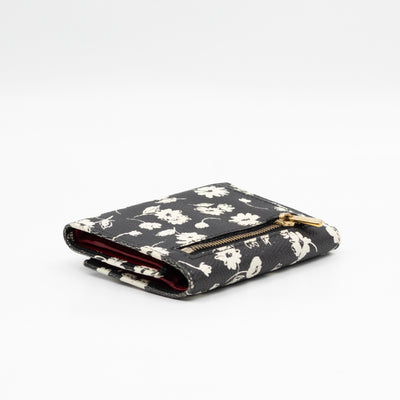 French-Flap Wallet White Flowers Print Black Dauphine