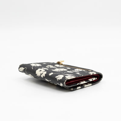 French-Flap Wallet White Flowers Print Black Dauphine