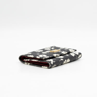 French-Flap Wallet White Flowers Print Black Dauphine