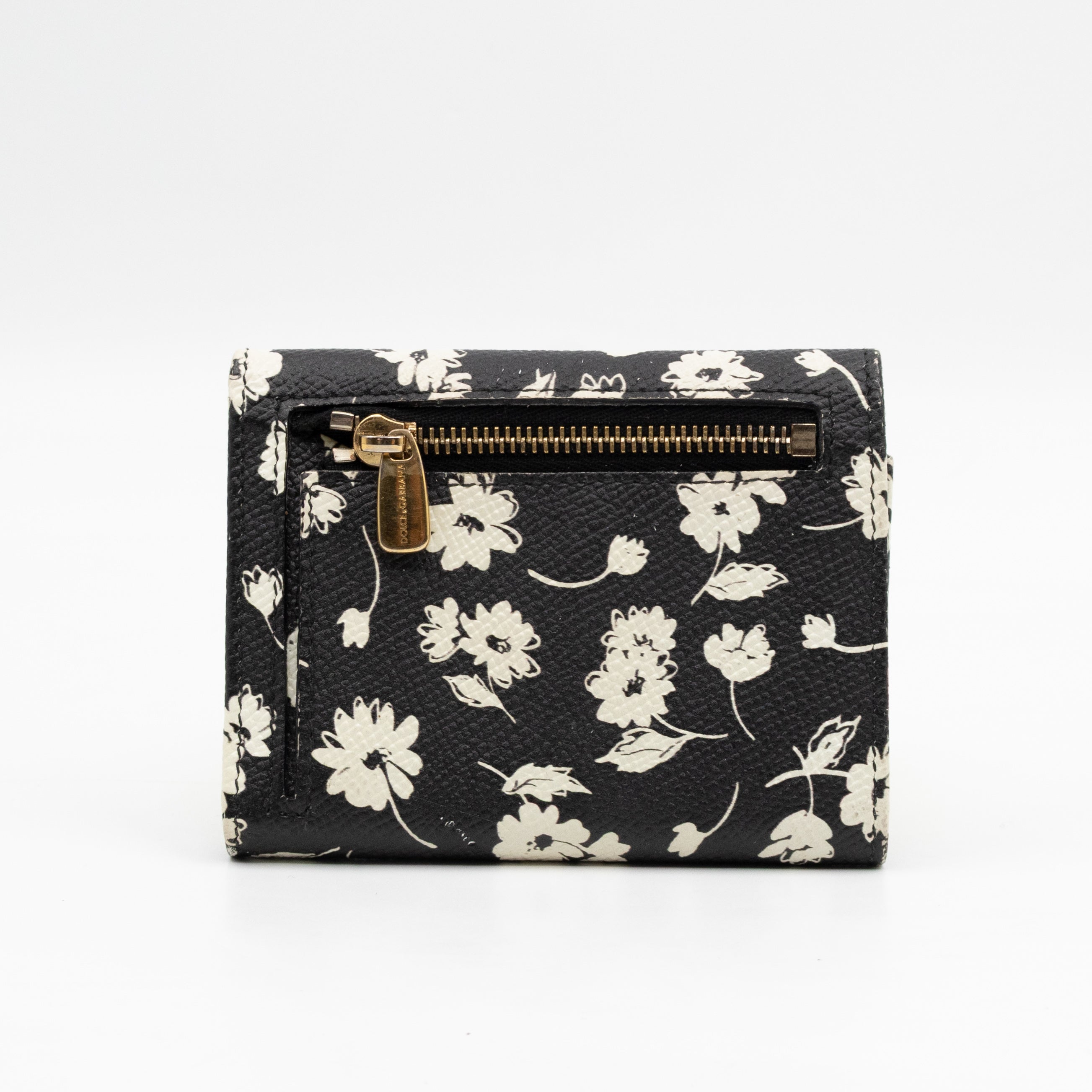 French-Flap Wallet White Flowers Print Black Dauphine