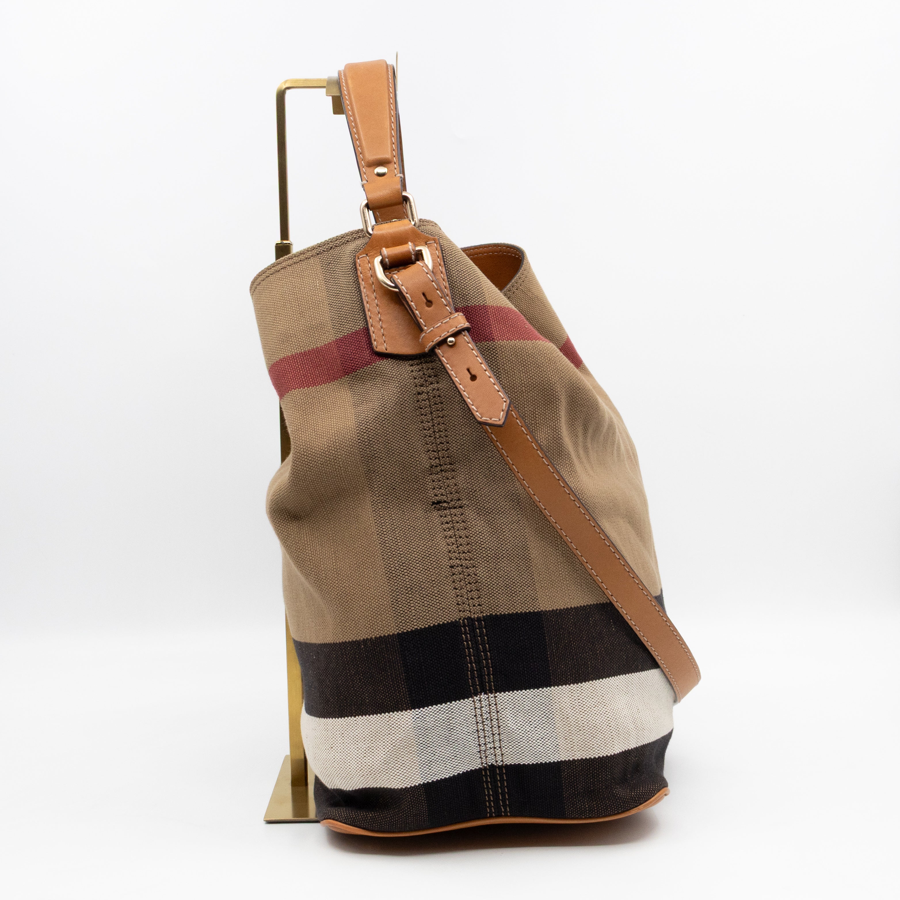 Ashby Bucket Bag Check Canvas Brown Leather